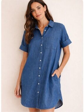 Old Navy Chambray Shirt Dress Large Button Front Short Sleeve Blue Casual